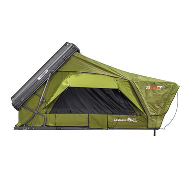 23zero-armadillo-ax3-aluminum-hard-shell-roof-top-tent-open-rear-view-with-logo-on-tent-fabric-on-white-background