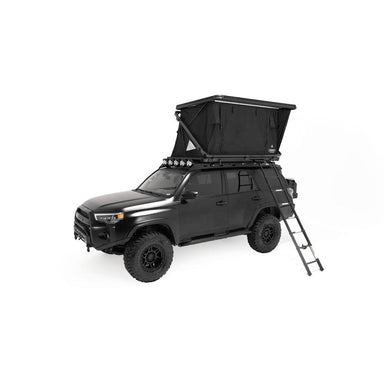 freespirit-recreation-evolution-v2-standard-hard-shell-roof-top-tent-black-open-front-corner-view-on-toyota-4runner-on-white-background
