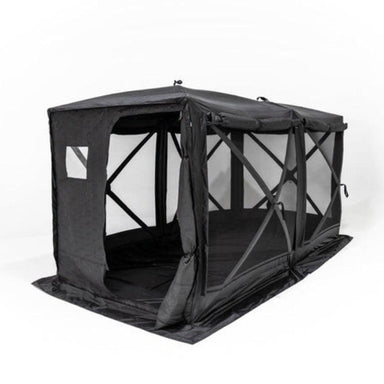 freespirit-recreation-hub-4-double-tent-black-front-corner-view-with-tri-layer-door-rolled-sidewards-on-white-background