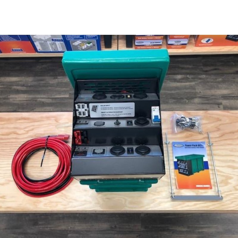 national-luna-dc-25-power-pack-green-front-view-with-wire-and-metal-inclusions-on-table