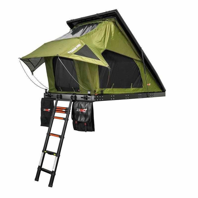 23zero-kabari-pro-aluminum-clam-shell-hard-shell-roof-top-tent-open-front-corner-view-with-external-storage-bags-and-ladder-on-white-background