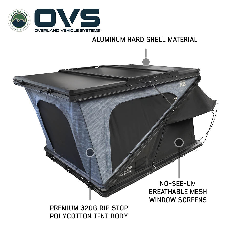 XD K2 Dual Action Clam Shell 2 Person Aluminum Hard Shell Roof Top Tent, Blue Body & Black Rainfly