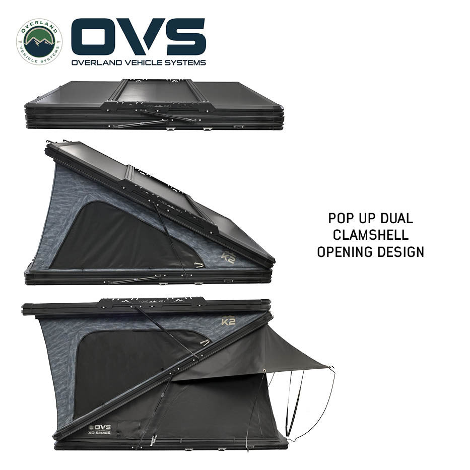 XD K2 Dual Action Clam Shell 2 Person Aluminum Hard Shell Roof Top Tent, Blue Body & Black Rainfly