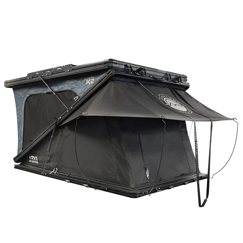 XD K2 Dual Action Clam Shell 2 Person Aluminum Hard Shell Roof Top Tent, Blue Body & Black Rainfly
