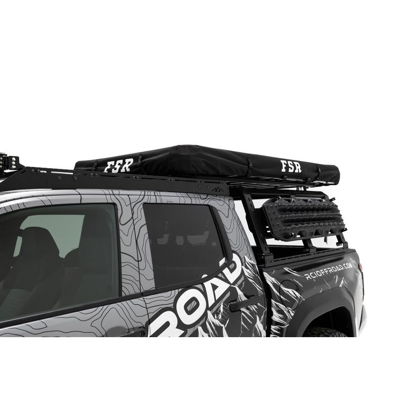freespirit-recreation-aspen-v2-standard-hard-shell-roof-top-tent-black-closed-with-cover-front-corner-view-on-toyota-tacoma-on-white-backgroud