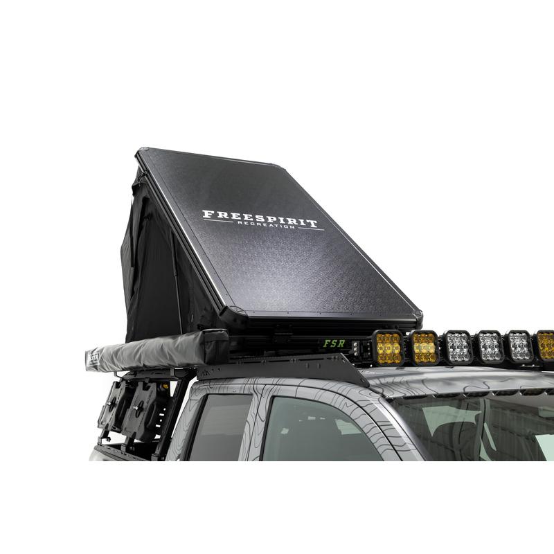freespirit-recreation-aspen-v2-standard-hard-shell-roof-top-tent-black-open-front-view-on-toyota-tacoma-on-white-backgroud