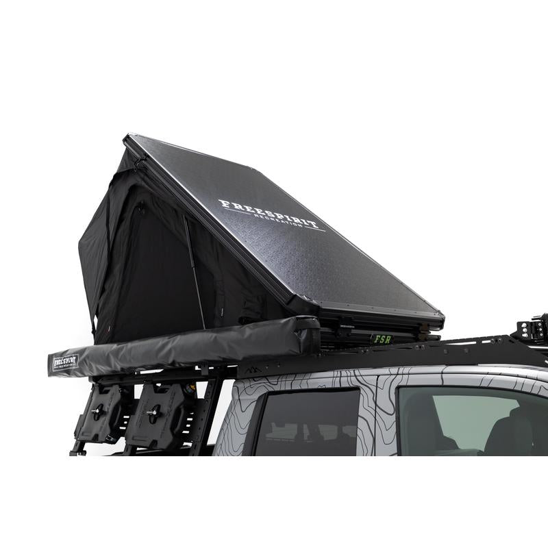 freespirit-recreation-aspen-v2-standard-hard-shell-roof-top-tent-black-open-front-view-on-toyota-tacoma-with-awning-on-white-backgroud
