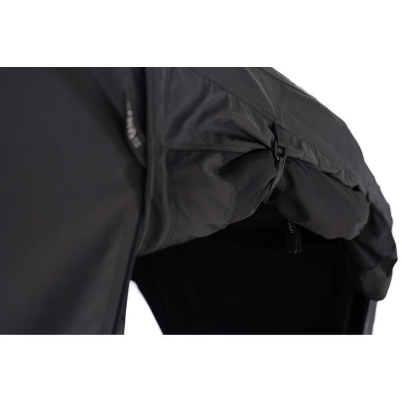 freespirit-recreation-high-country-v2-king-soft-shell-roof-top-tent-black-open-close-up-view-of-fabric-rolled-up-on-white-background