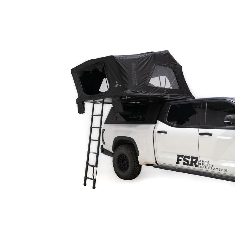 freespirit-recreation-high-country-v2-king-soft-shell-roof-top-tent-black-open-front-corner-view-on-toyota-tundra-on-neutral-background