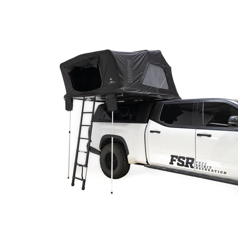 freespirit-recreation-high-country-v2-king-soft-shell-roof-top-tent-black-open-front-corner-view-with-support-poles-on-toyota-tundra-on-neutral-background