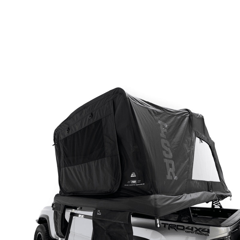 freespirit-recreation-high-country-v2-mini-soft-shell-roof-top-tent-open-close-up-view-on-toyota-tacoma-on-white-background