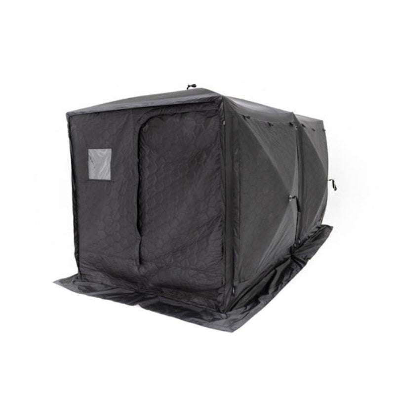 freespirit-recreation-hub-4-double-tent-black-front-corner-view-with-tri-layer-walls-closed-on-white-background