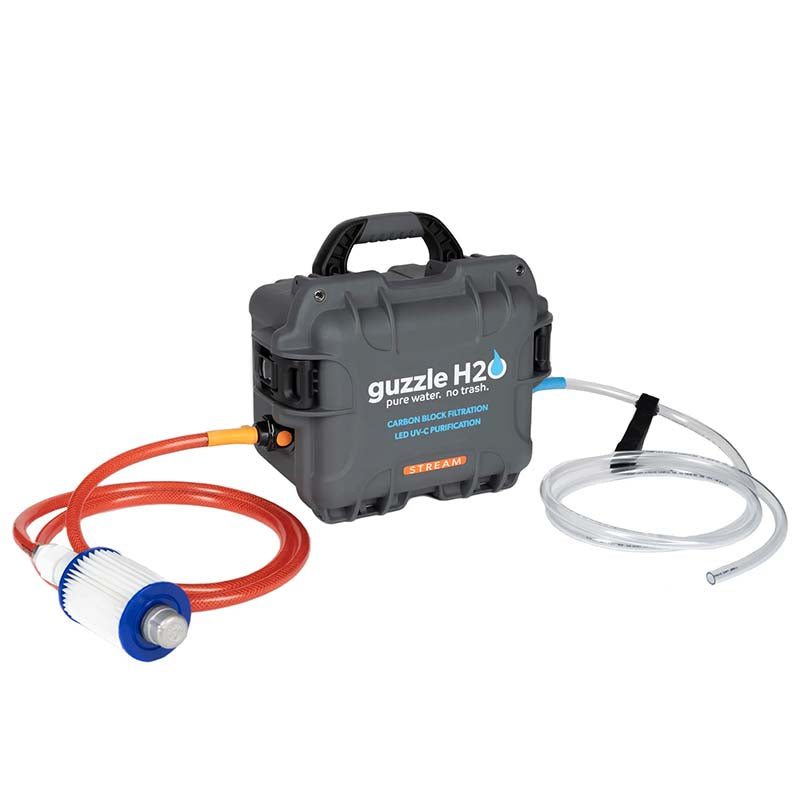 guzzle-h2o-stream-with-charger-front-corner-view-with-hose-and-filter-connected-on-white-background