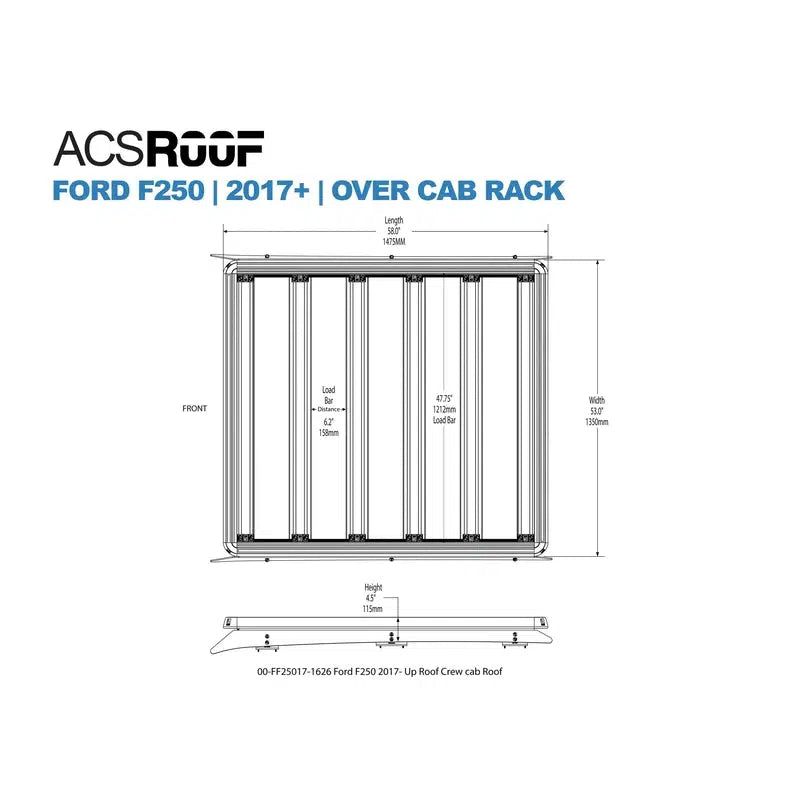 leitner-acs-roof-over-cab-platform-rack-for-ford-f250-2017-dimensions-on-white-background