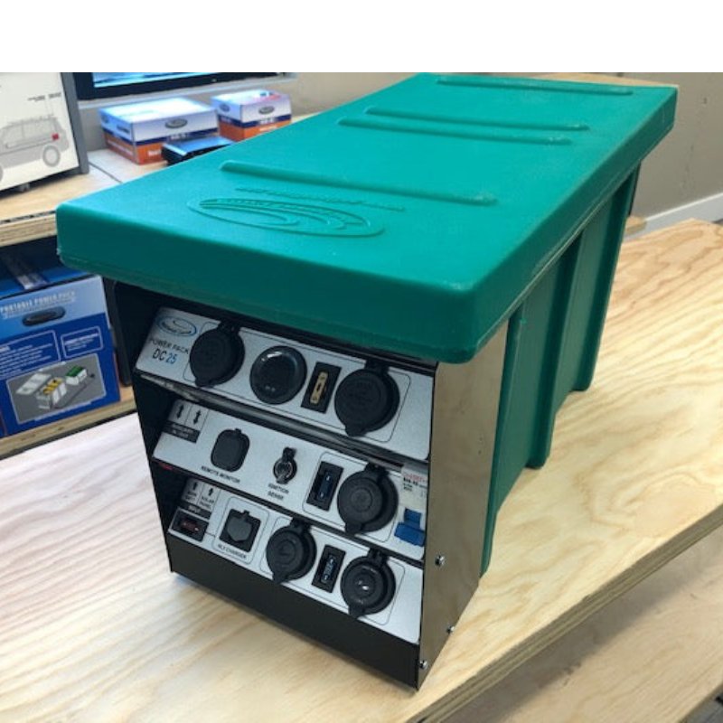 national-luna-dc-25-power-pack-green-front-corner-view-on-top-of-table