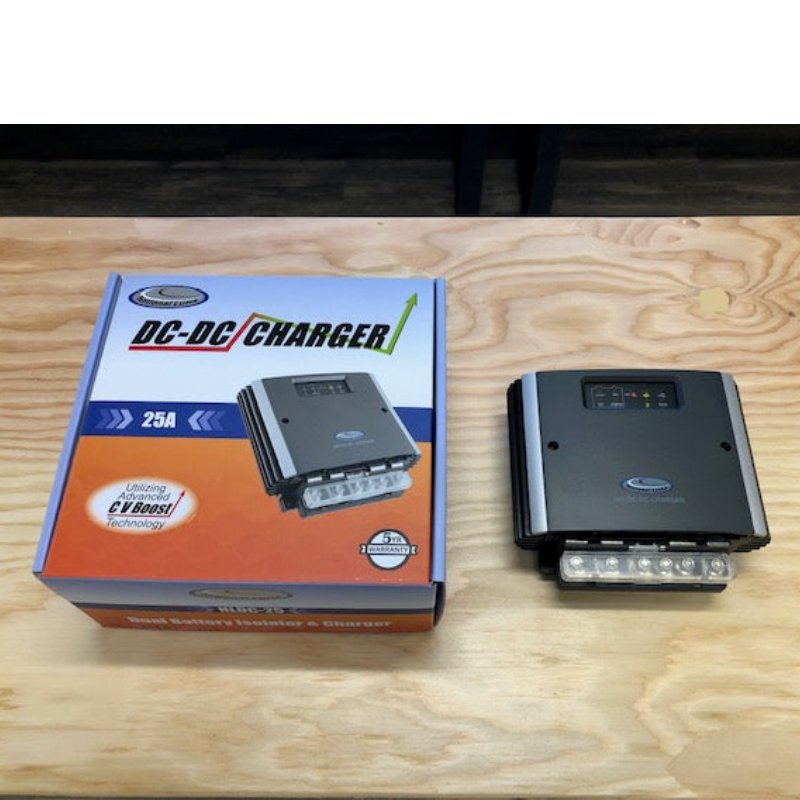 national-luna-nldc-25-dc-dc-25-amp-charger-top-view-with-cardboard-packaging-on-table-top