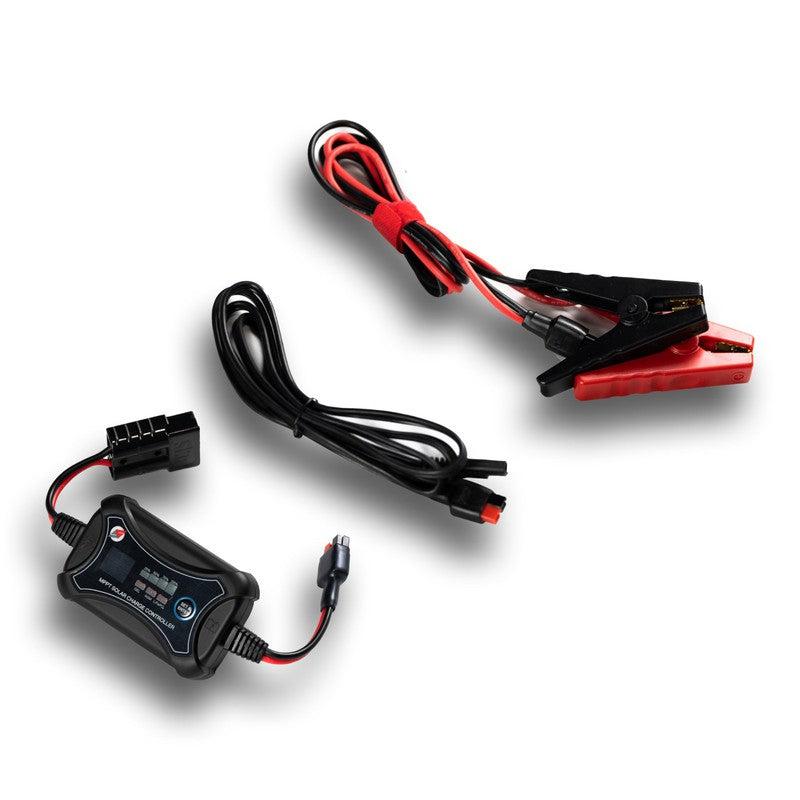 overland-solar-bugout-130-v3-portable-solar-charger-black-cables-close-up-view-on-white-background