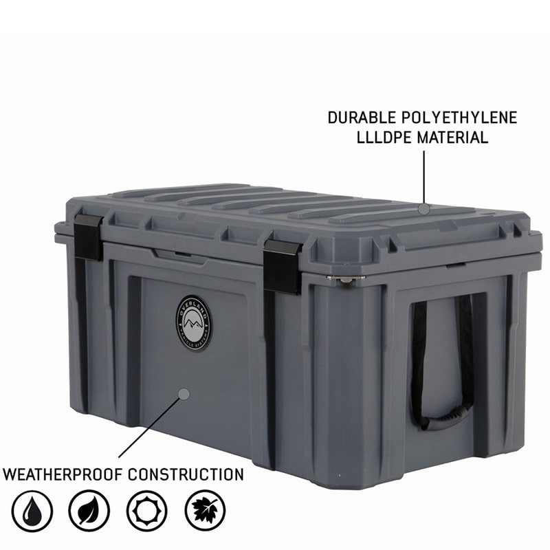 overland-vehicle-systems-169-qt-dry-cargo-box-with-drain-wheels-and-bottle-opener-corner-view-polyethylene-llldpe-material