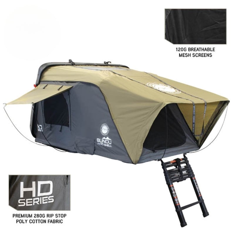 overland-vehicle-systems-bundu-hard-shell-cantilever-roof-top-tent-open-front-corner-view-with-fabric-description-on-white-background