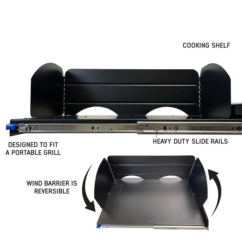 overland-vehicle-systems-camp-cargo-box-kitchen-with-slide-out-sink-close-up-view-slide-rails-wind-barrier-and-cooking-shelf