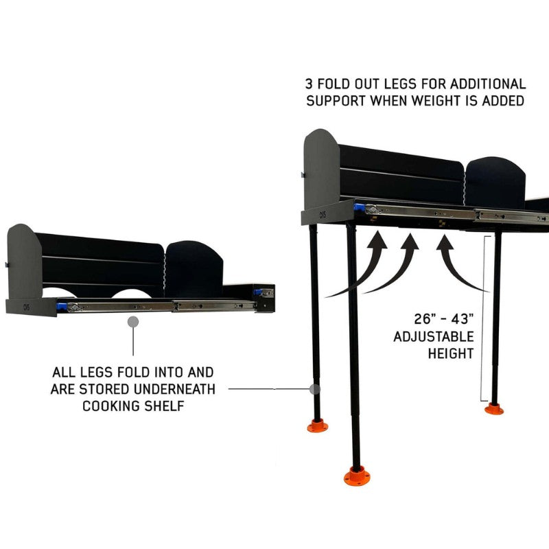 overland-vehicle-systems-camp-cargo-box-kitchen-with-slide-out-sink-front-corner-view-with-three-fold-out-adjustable-legs