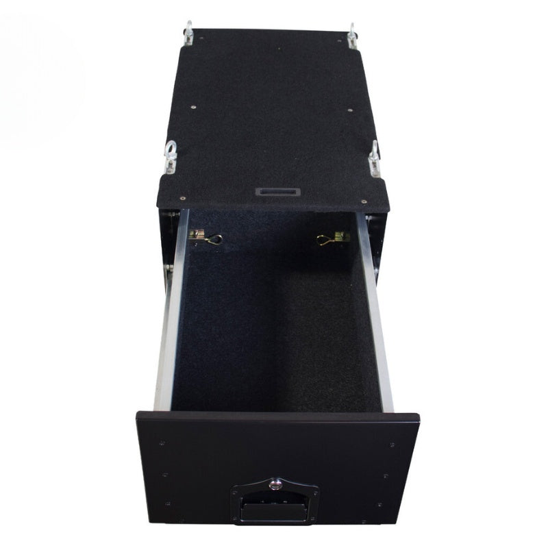 overland-vehicle-systems-cargo-box-with-slide-out-drawer-black-top-view-opened-drawers-on-white-background