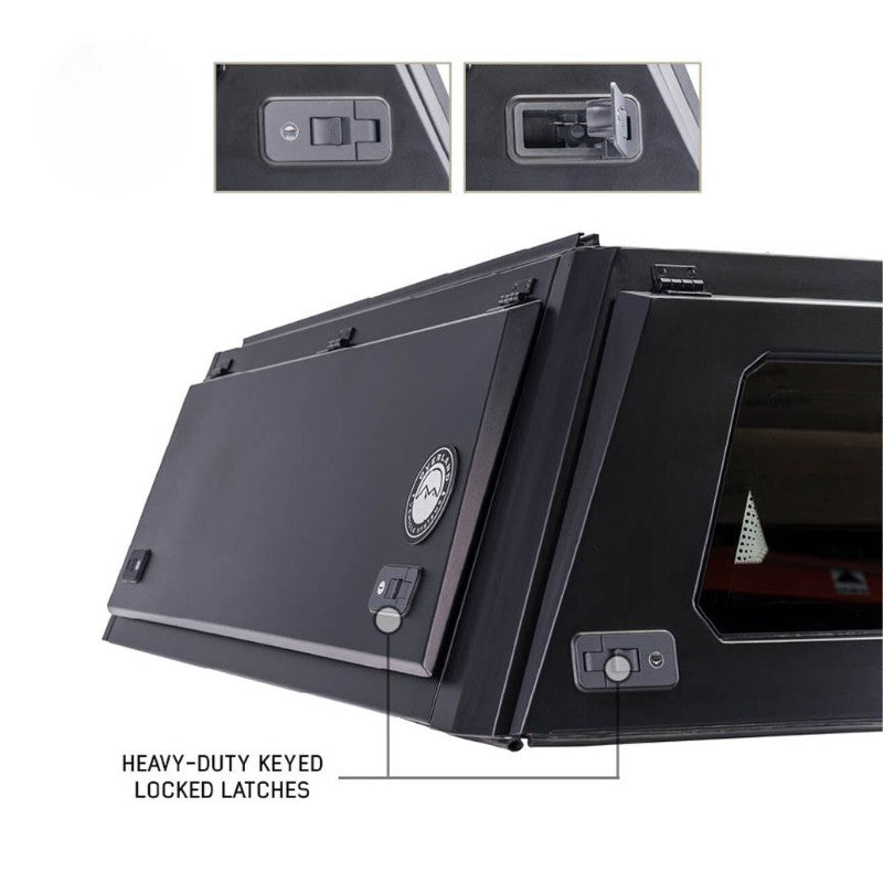 overland-vehicle-systems-expedition-truck-cap-for-2023-2024-ford-f-250-350-black-rear-corner-view-closed-doors-latches
