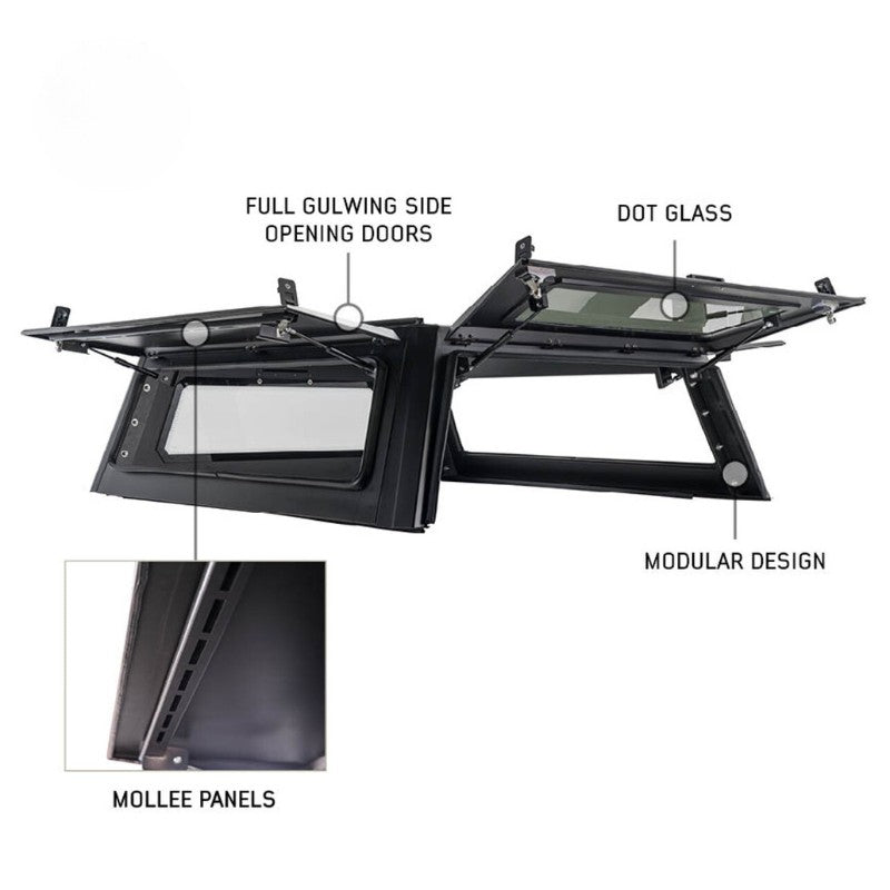overland-vehicle-systems-expedition-truck-cap-for-2023-2024-ford-f-250-350-black-rear-corner-view-opened-doors-white-background