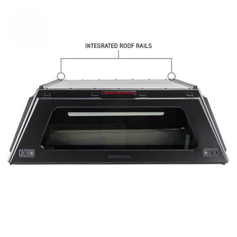overland-vehicle-systems-expedition-truck-cap-for-2023-2024-ford-f-250-350-black-rear-view-closed-doors-roof-white-backround