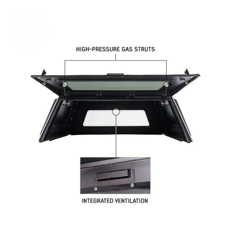 overland-vehicle-systems-expedition-truck-cap-for-2023-2024-ford-f-250-350-black-rear-view-opened-door-struts-white-background