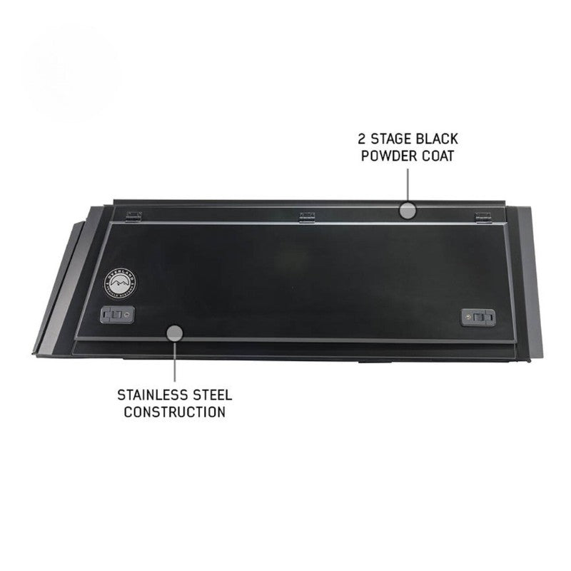 overland-vehicle-systems-expedition-truck-cap-for-2023-2024-ford-f-250-350-black-side-view-closed-doors-coat-on-white-background