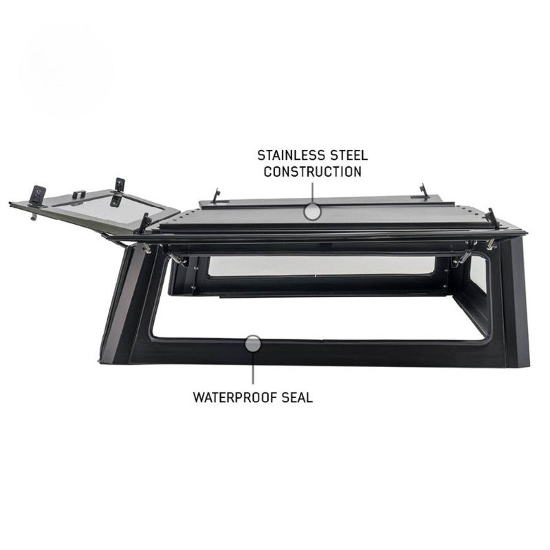 overland-vehicle-systems-expedition-truck-cap-for-2023-2024-ford-f-250-350-black-side-view-opened-doors-steel-white-background
