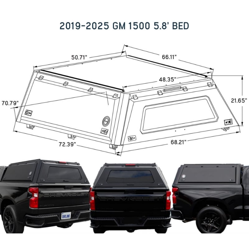 overland-vehicle-systems-expedition-truck-cap-for-chevy-silverado-and-gmc-sierra-1500-dimensions-on-white-background