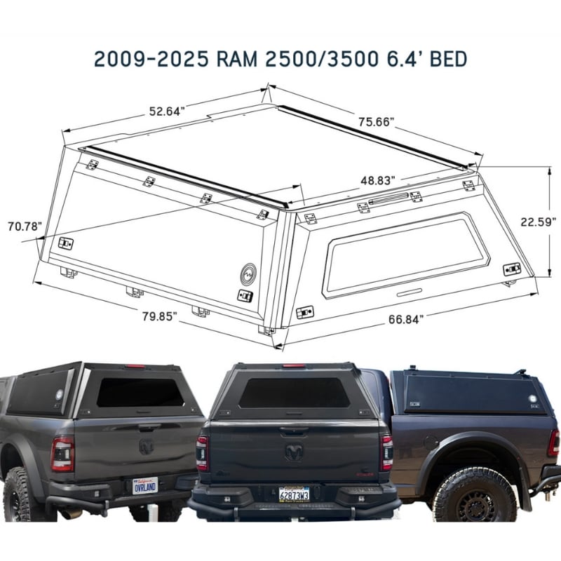 overland-vehicle-systems-expedition-truck-cap-for-dodge-ram-2500-3500-dimensions-on-white-background