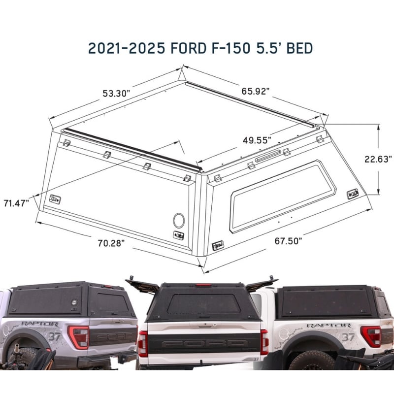 overland-vehicle-systems-expedition-truck-cap-for-ford-f150-dimensions-on-white-background