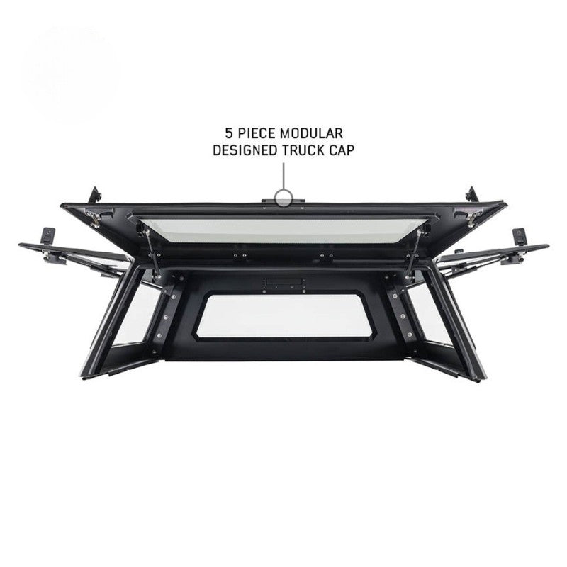 overland-vehicle-systems-expedition-truck-cap-for-ford-ranger-black-rear-view-opened-doors-5-piece-module-on-white-background