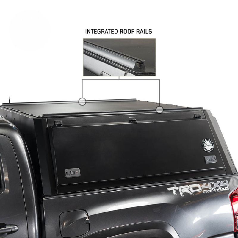 overland-vehicle-systems-expedition-truck-cap-for-jeep-gladiator-black-closed-side-view-with-description-onwhite-background