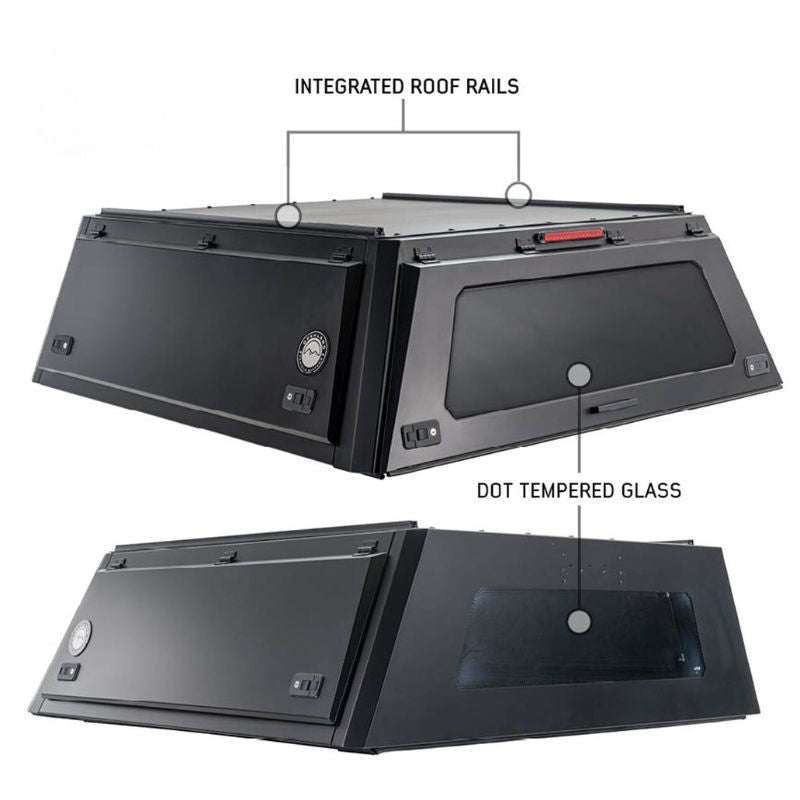 overland-vehicle-systems-expedition-truck-cap-for-ram-1500-black-close-rear-corner-view-with-description-on-white-background