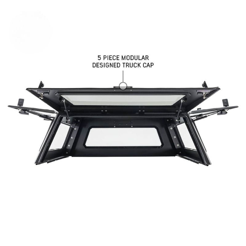 overland-vehicle-systems-expedition-truck-cap-for-ram-1500-black-open-rear-view-on-white-background