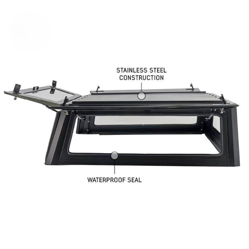 overland-vehicle-systems-expedition-truck-cap-for-ram-1500-black-open-side-view-with-description-on-white-background