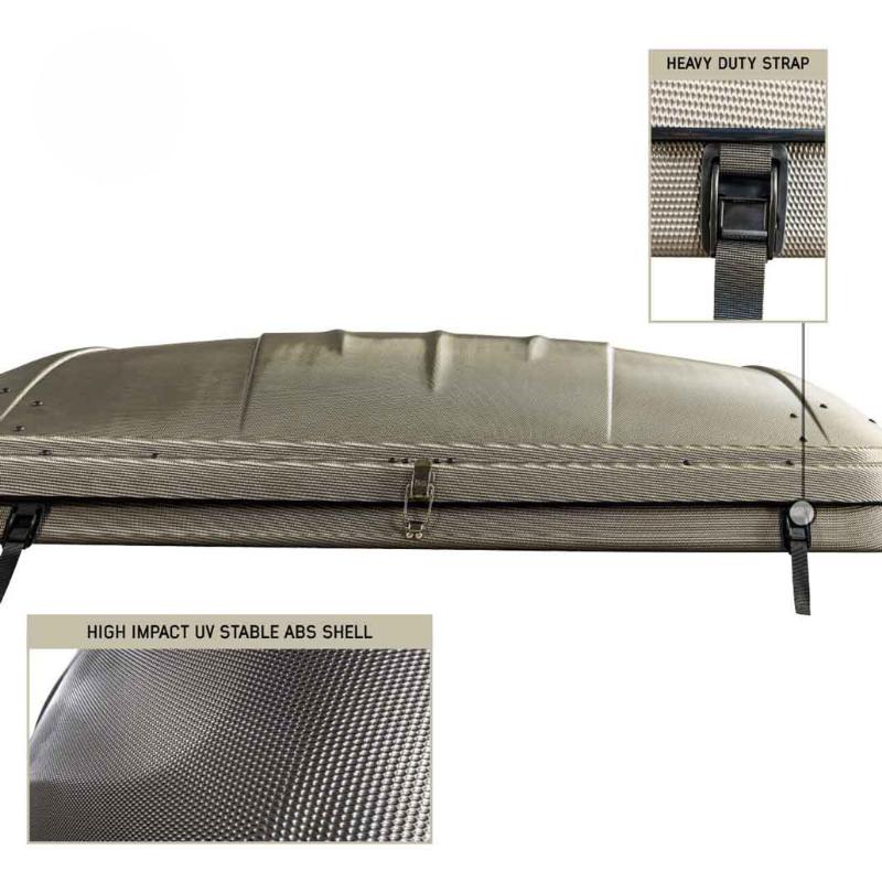overland-vehicle-systems-hd-bundu-hard-shell-pop-up-roof-top-tent-gray-body-green-rainfly-closed-rear-view-with-description-on-white-background