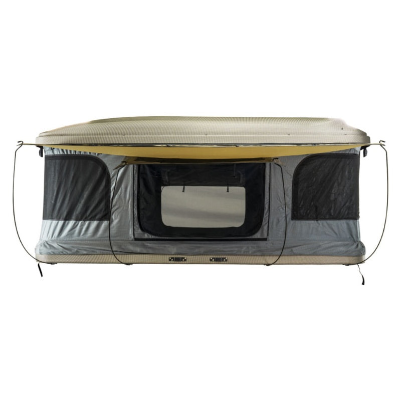 overland-vehicle-systems-hd-bundu-hard-shell-pop-up-roof-top-tent-gray-body-green-rainfly-open-side-view-on-white-background