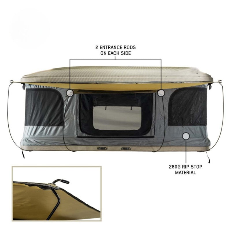 overland-vehicle-systems-hd-bundu-hard-shell-pop-up-roof-top-tent-gray-body-green-rainfly-open-side-view-with-description-on-white-background