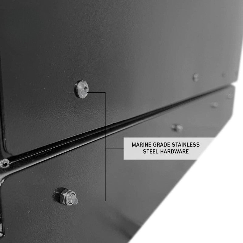 overland-vehicle-systems-highline-slide-out-camping-storage-system-close-up-view-stainless-steel-hardware-on-white-background