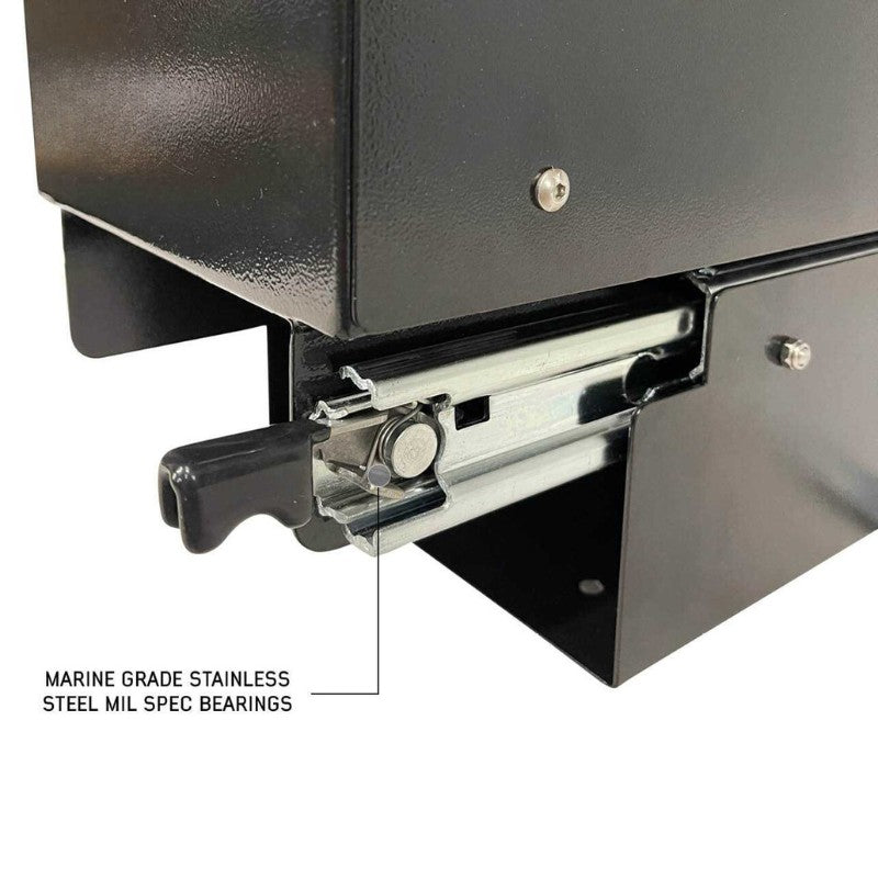 overland-vehicle-systems-highline-slide-out-camping-storage-system-close-up-view-with-spec-bearings-on-white-background