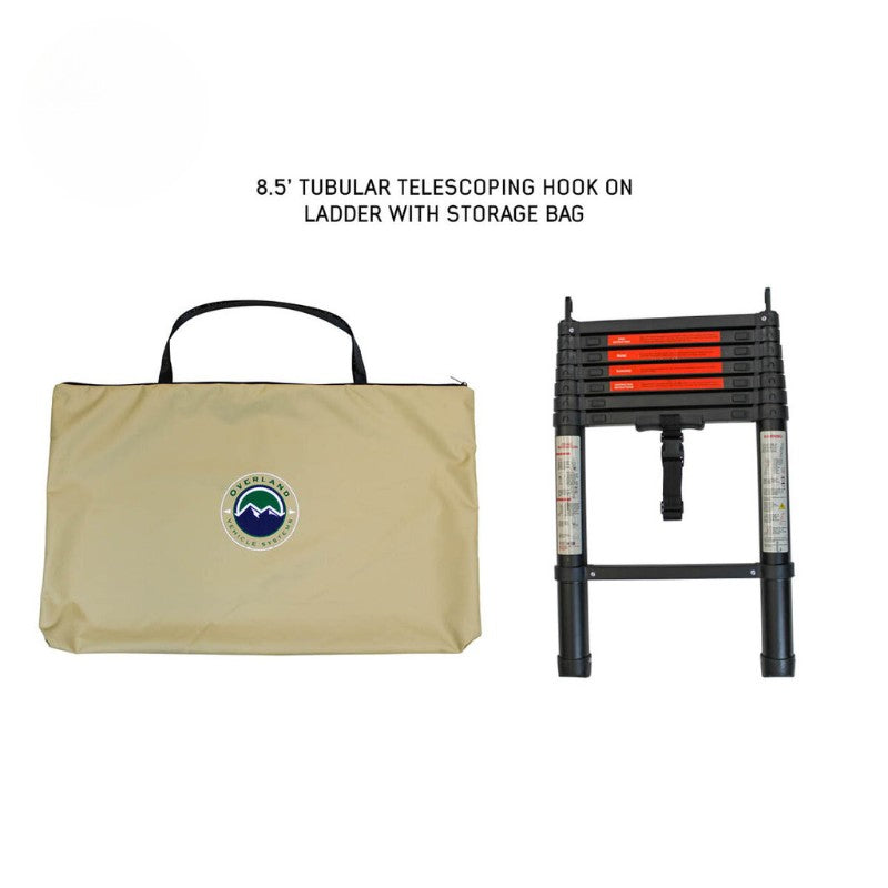 overland-vehicle-systems-ld-tmon-clamshell-aluminum-hard-shell-roof-top-tent-tan-front-view-ladder-with-storage-on-white-background