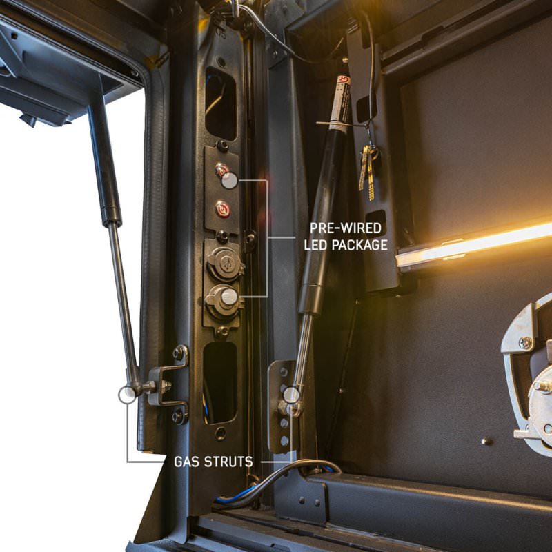 overland-vehicle-systems-magpak-camper-shell-roof-top-tent-for-ford-f-150-open-interior-view-led-package-on-white-background