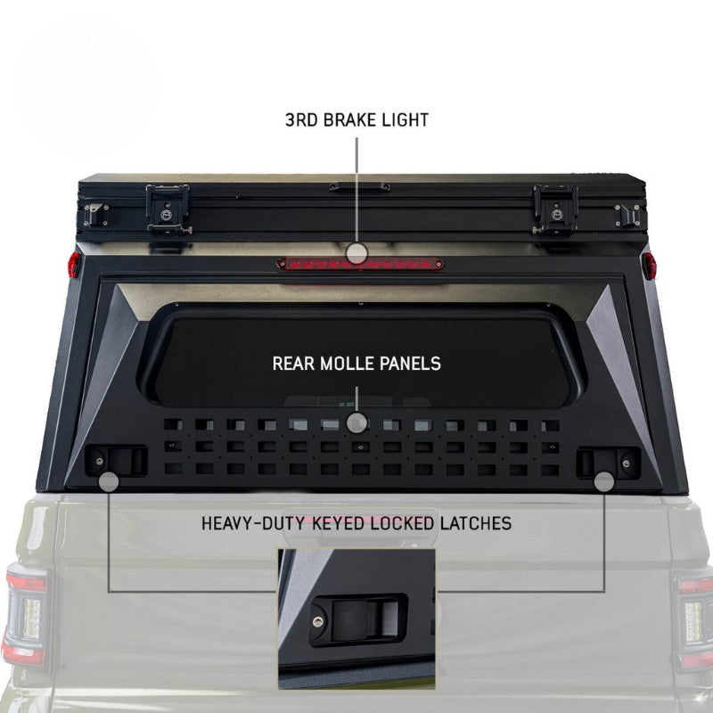 overland-vehicle-systems-magpak-camper-shell-roof-top-tent-for-toyota-tacoma-closed-rear-view-3rd-break-light-on-white-background