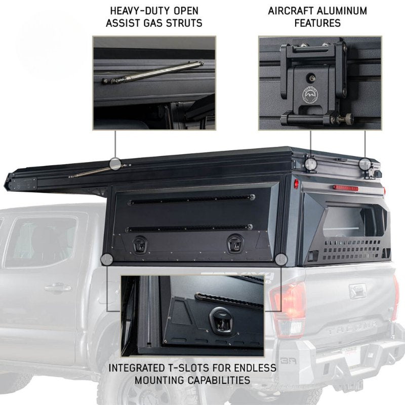 overland-vehicle-systems-magpak-camper-shell-roof-top-tent-for-toyota-tacoma-closed-side-view-integrated-t-slots-on-white-background