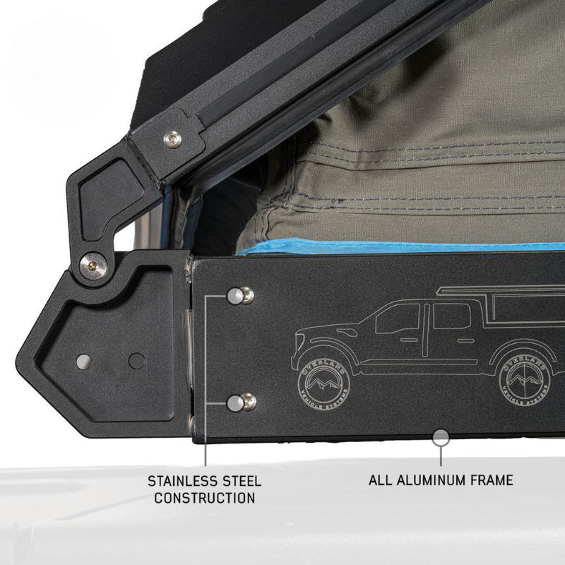overland-vehicle-systems-magpak-camper-shell-roof-top-tent-for-toyota-tacoma-open-close-up-view-aluminum-frame-on-white-background